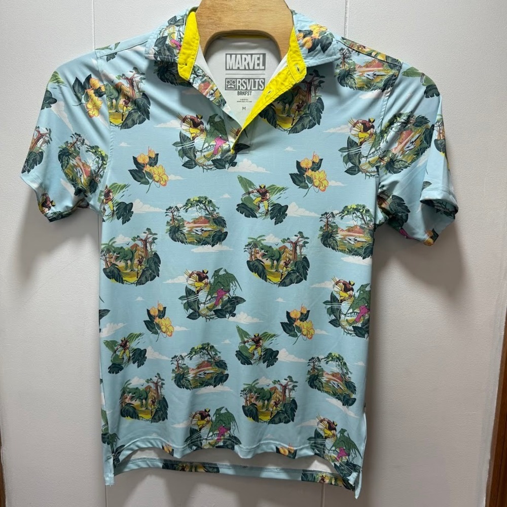 RSVLTS Marvel‎ Wolverine Savage Land BRKFST Polo Shirt Mens Medium Blue Floral